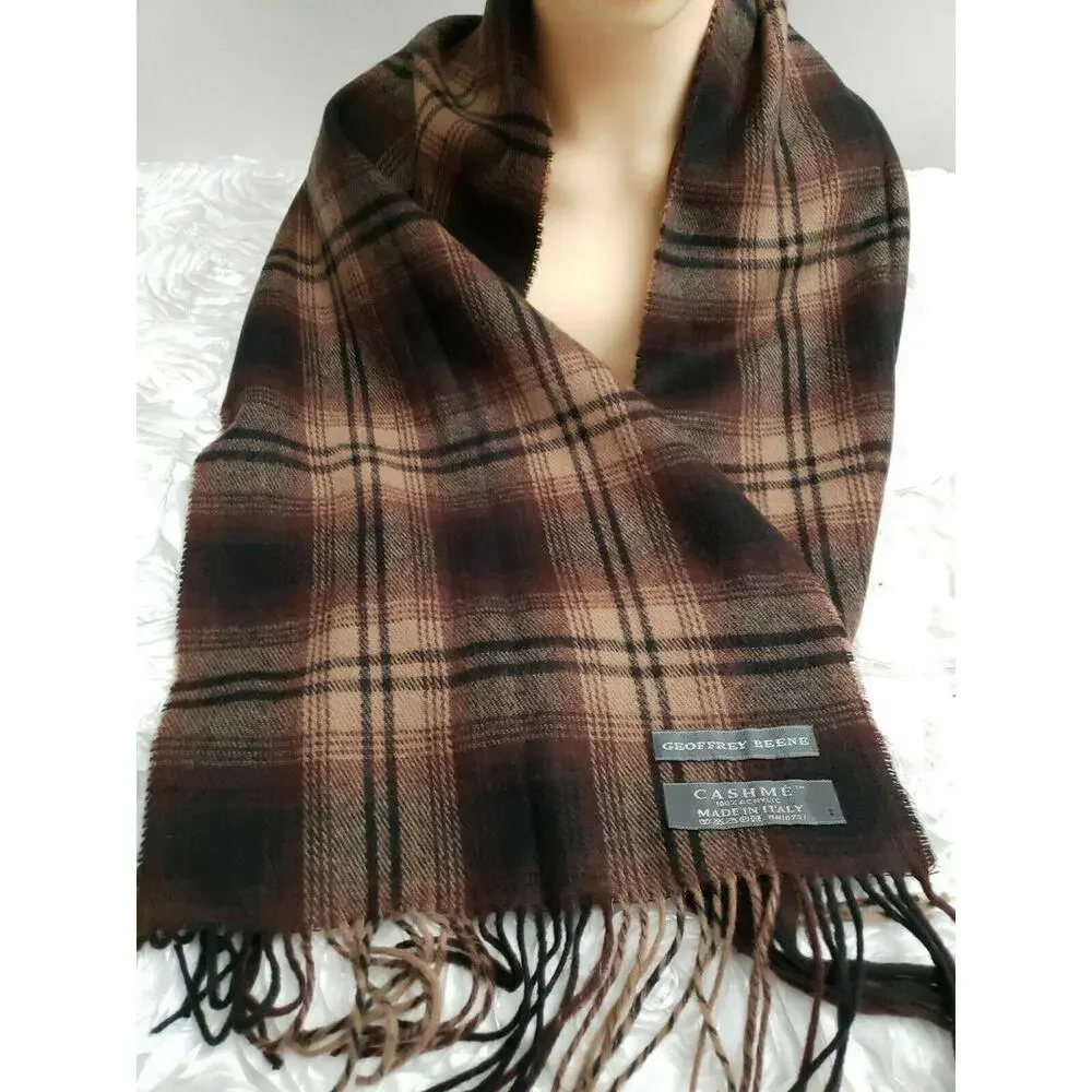 Geoffrey Beene Made in Italy Acrylic Brown Scarf Plaid Fringed 12
